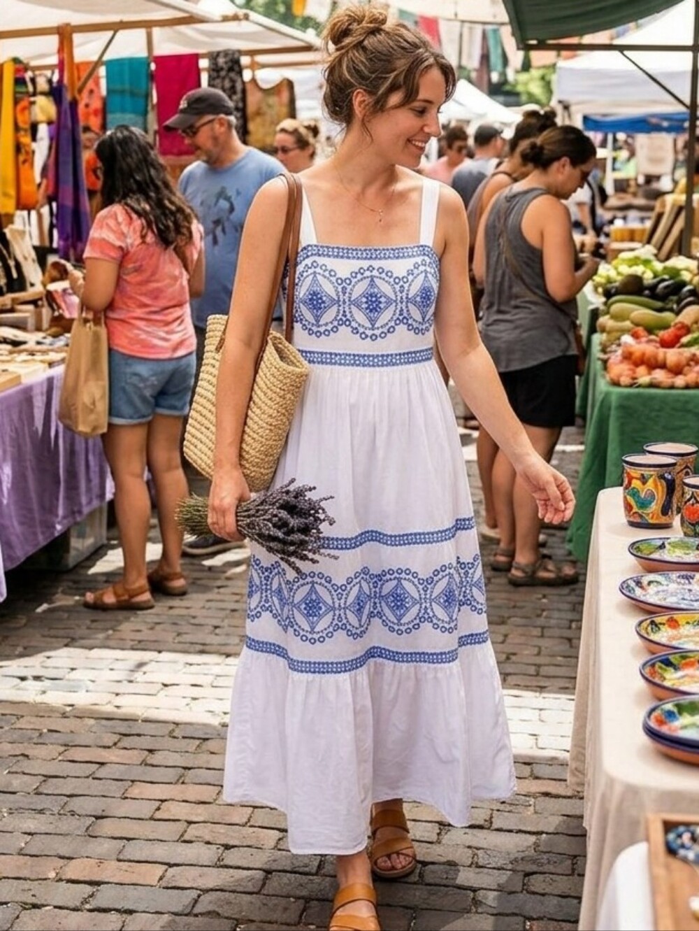 White and Blue Cotton Embroidered Maxi Dress Medium